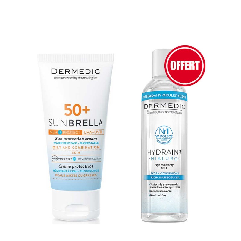 DERMEDIC SUNBRELLA ECRAN INVISIBLE PEAUX MIXTES A GRASSES SPF 50+ 50ML + EAU MICELLAIRE 200ML