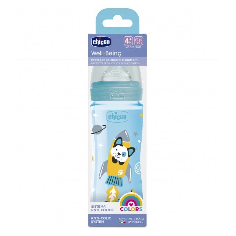 CHICCO BIBERON WELL BEING PLASTIC BLEU 4 M+ 330ML