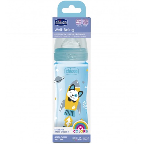 CHICCO BIBERON WELL BEING PLASTIC BLEU 4 M+ 330ML