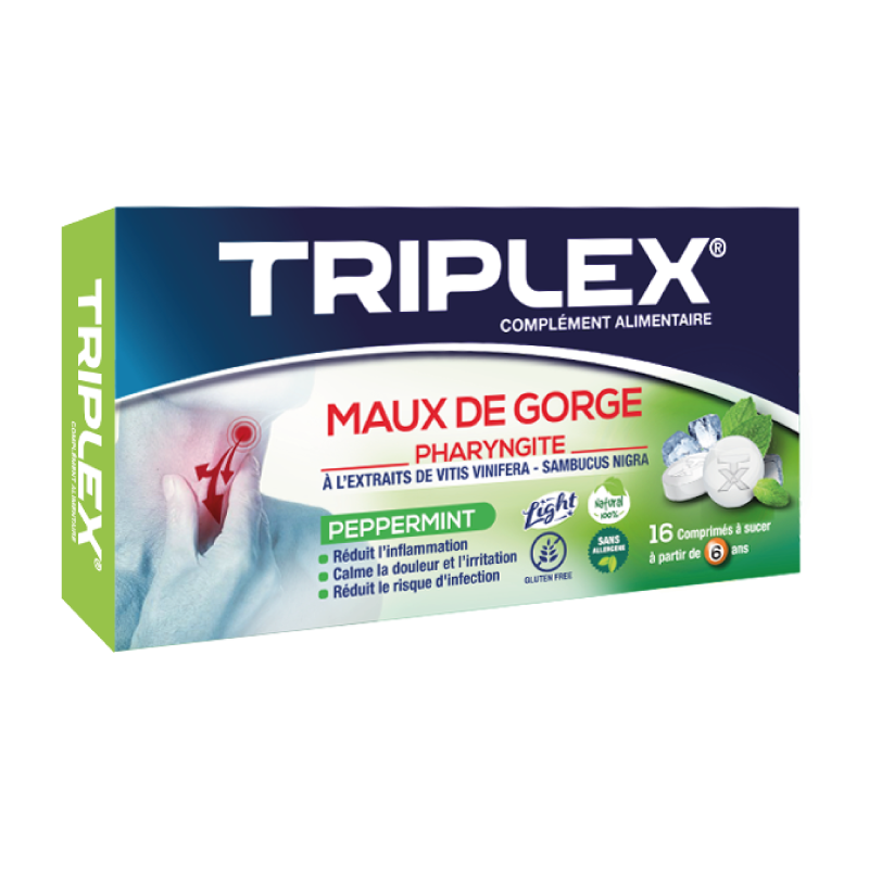 TRIPLEX MAUX DE GORGE PHARYNGITE PEPPERMINT BOITE DE 16 COMPRIMES