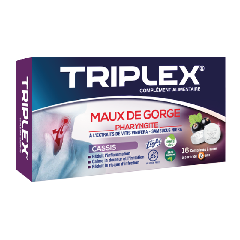 TRIPLEX MAUX DE GORGE PHARYNGITE CASSIS BOITE DE 16 COMPRIMES