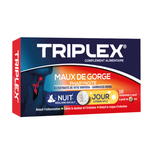 TRIPLEX MAUX DE GORGE PHARYNGITE JOUR ET NUIT BOITE DE 16 COMPRIMES