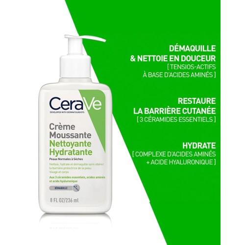 CERAVE CREME MOUSSANTE NETTOYANTE HYDRATANTE peaux normales à seches 236ML